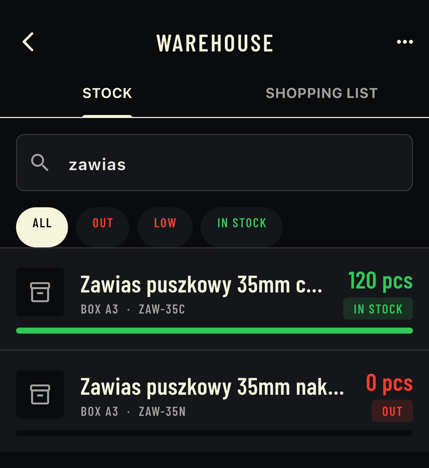 Warehouse search in the Stocker app with “zawias” (hinge) typed in. Two results: hinge ZAW-35C in BOX A3 — 120 pcs, in stock; hinge ZAW-35N in BOX A3 — 0 pcs, out.