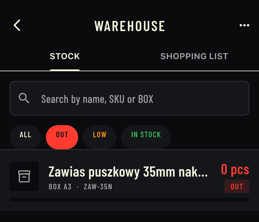 Warehouse list in the Stocker app with the Out filter on: hinge ZAW-35N in BOX A3 — 0 pcs.