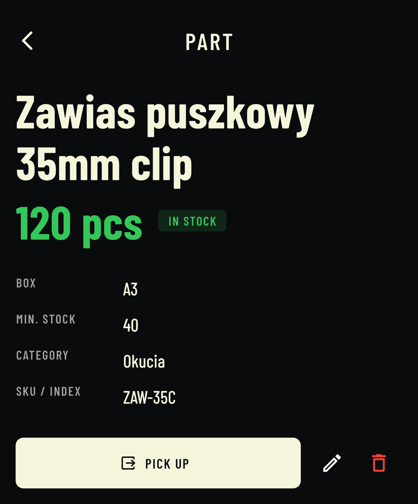 Part card in the Stocker app: Zawias puszkowy 35mm clip (a hinge), 120 pcs, in stock. BOX A3, minimum stock 40, category Okucia (fittings), SKU ZAW-35C, Pick up button.