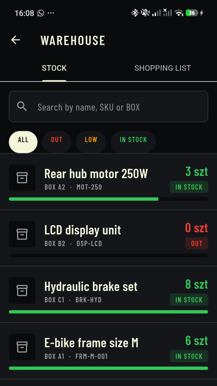 Warehouse screen in the HESHE Stocker app — parts list with BOX locations, quantities and stock statuses