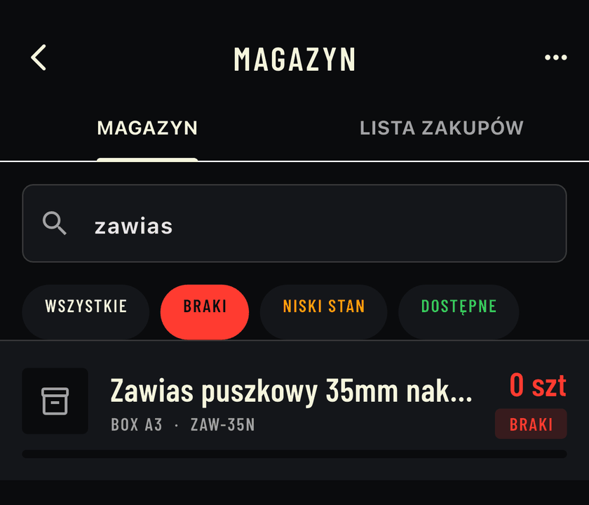 Lista magazynu w aplikacji Stocker z włączonym filtrem Braki: zawias puszkowy ZAW-35N w BOX A3 — 0 szt.