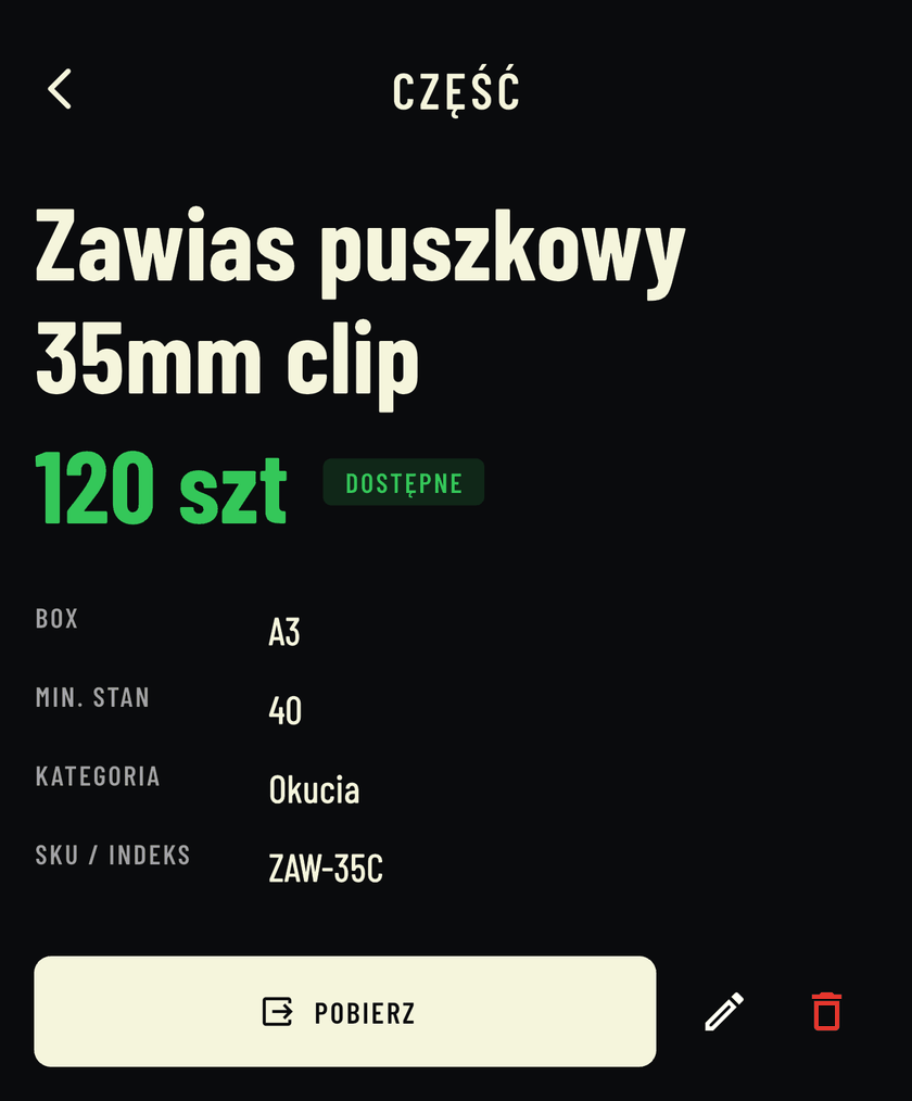 Karta części w aplikacji Stocker: zawias puszkowy 35mm clip, 120 szt, dostępne. BOX A3, minimalny stan 40, kategoria Okucia, SKU ZAW-35C, przycisk Pobierz.